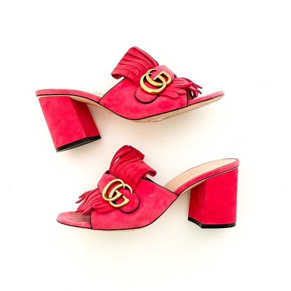 Gucci Marmont GG Logo Hot Pink Red Suede Fringed High Heeled Mules Slides 37.5 - Picture 4 of 12